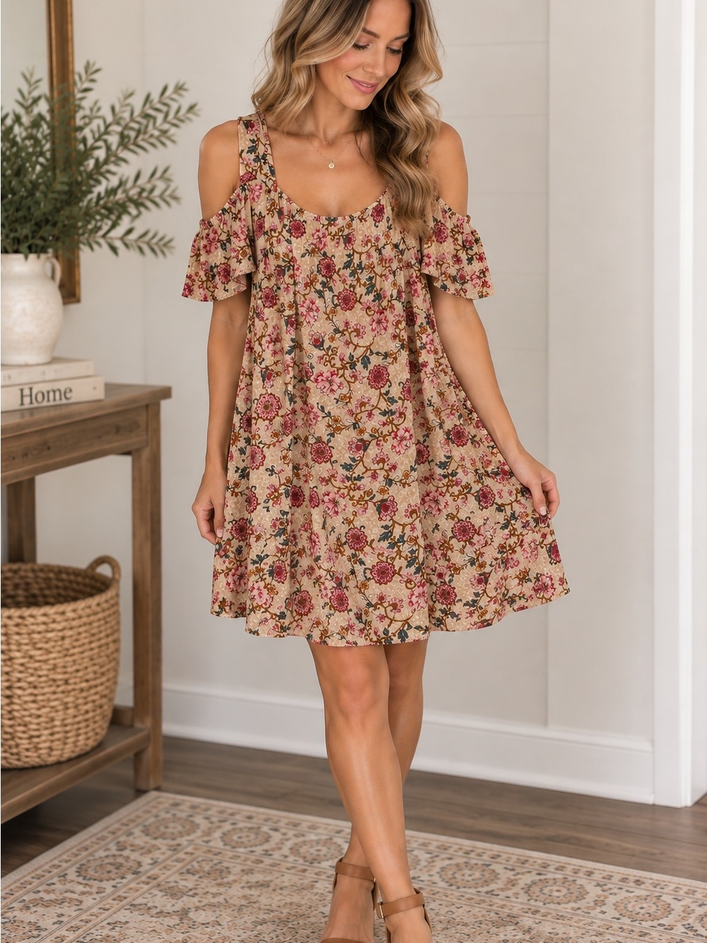 Robert Louis Beige Floral Cold-Shoulder Mini Dress